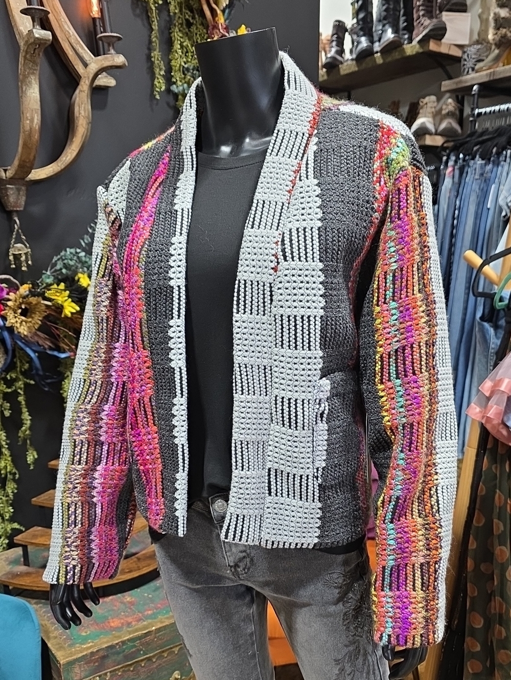 Colorblock Crochet Open-Front Jacket - Multi/Gray - Picture 1 of 11